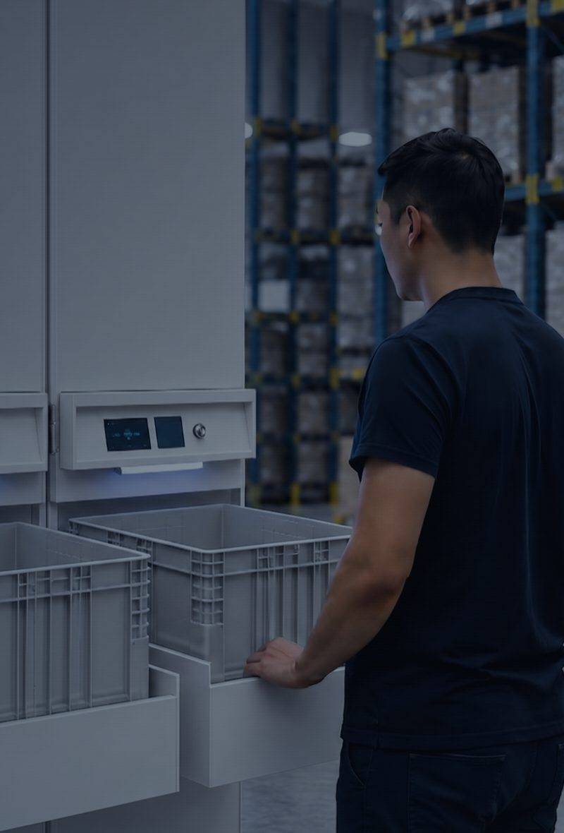 Warehouse operator placing a tote into the Matrix charging station